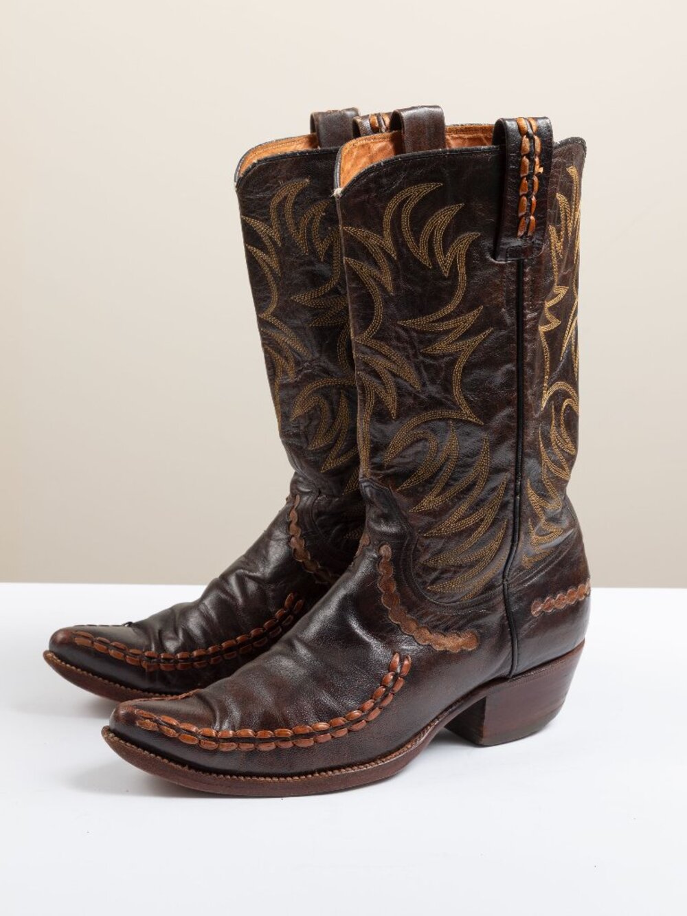 VTG 70s Dan Post Cowboy Boots Mens 9D Brown Leather Buckstitch Inlay Flame Spain